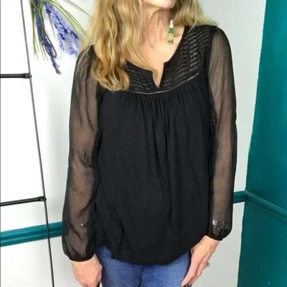 LUCKY BRAND Women Sheer Sleeves Bodice Blouse Sz M Black Everyday Romance 50-3
